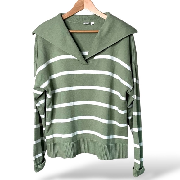 GAP 100% Cotton Green White Stripe Sailor Collar Sweater Long Sleeve US Sz XL - Picture 3 of 9